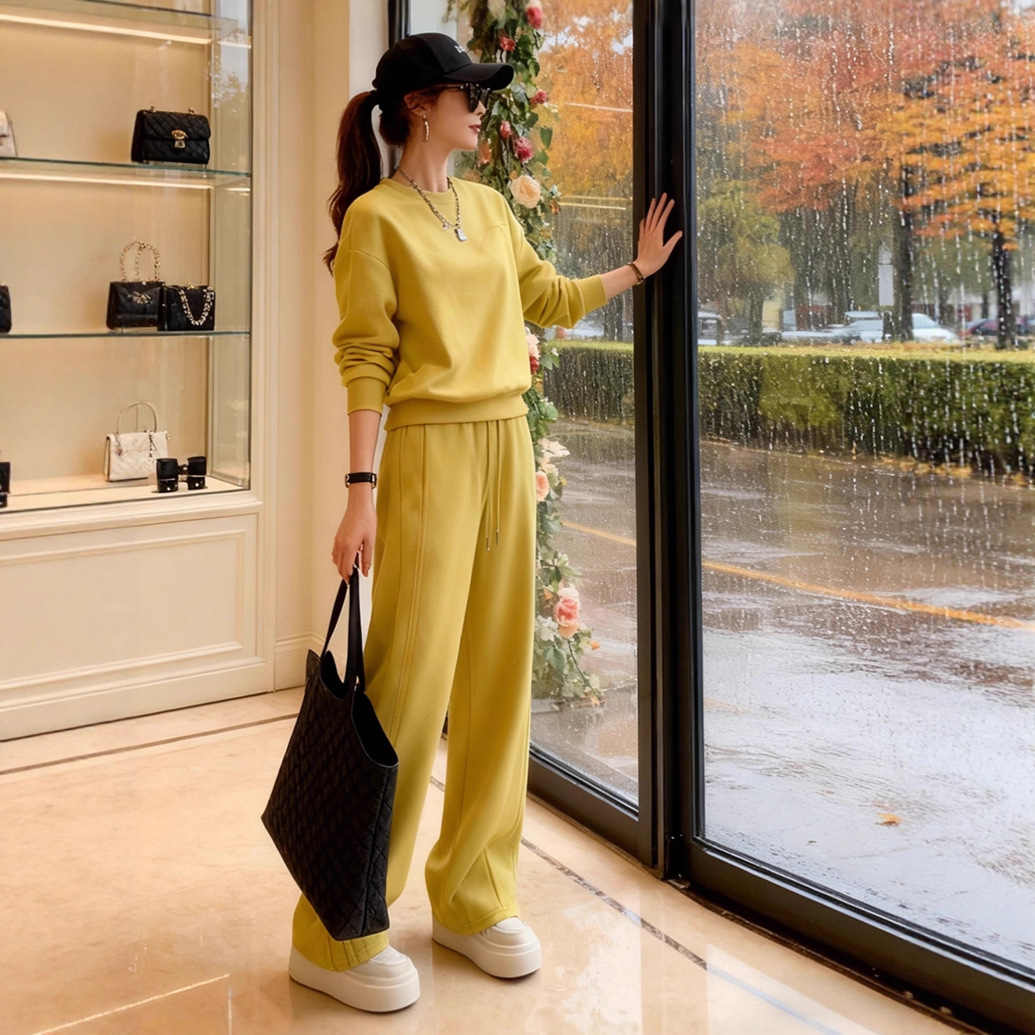 High-End Casual Sports Suit for Women 2026 New Spring Fashion Stylish Slim-Fit Sweatshirt and Wide-Leg Pants Two-Piece Set Trendy