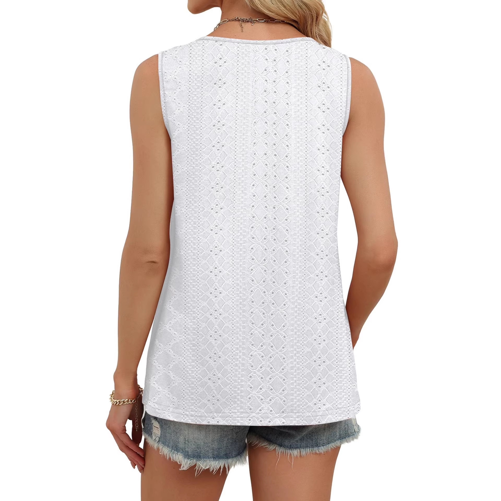 Women's Loose Casual Top V Neck Sleeveless Vest Eyelets American Summer New_ecoleips.com