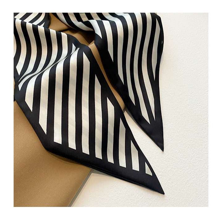 Black White Women's Thin Narrow Long Ribbon Silk Striped Scarf display picture 1