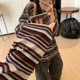 2025春秋新款长袖T恤女韩版复古宽松内搭打底衫慵懒oversize上衣