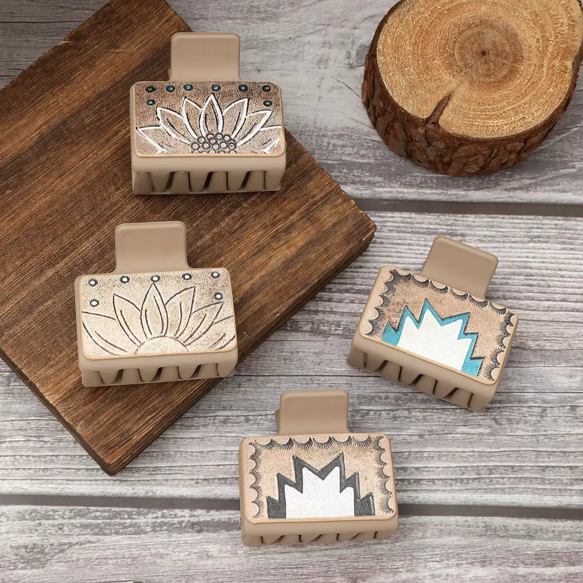 跨境西部风中款皮革发夹向日葵鲨鱼夹女士抓夹速卖通亚马逊