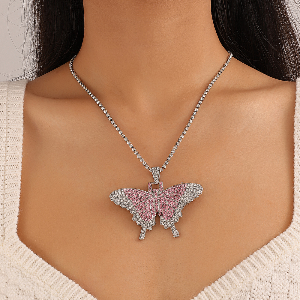 Full Diamond Cuban Butterfly Necklace Retro Personality Exaggerated Butterfly Pendant Neck Chain