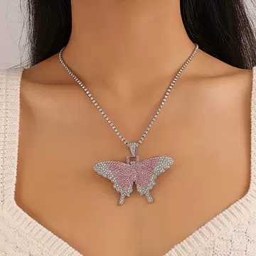 Full Diamond Cuban Butterfly Necklace Retro Personality Exaggerated Butterfly Pendant Neck Chain - ShopShipShake