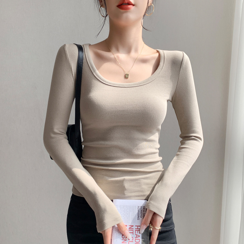 纯棉打底衫女内搭2025早秋新款修身u领螺纹上衣纯色上衣长袖T恤潮|undefined