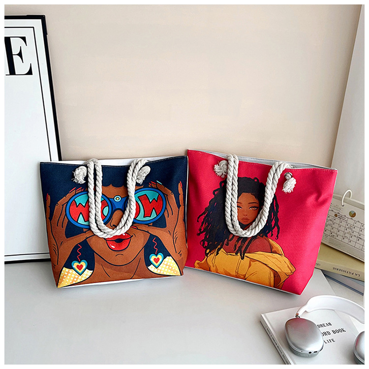 New cross-border tote bag, versatile women's portable shopping bag, creative women's printed aesthetic thick rope beach bag undefined