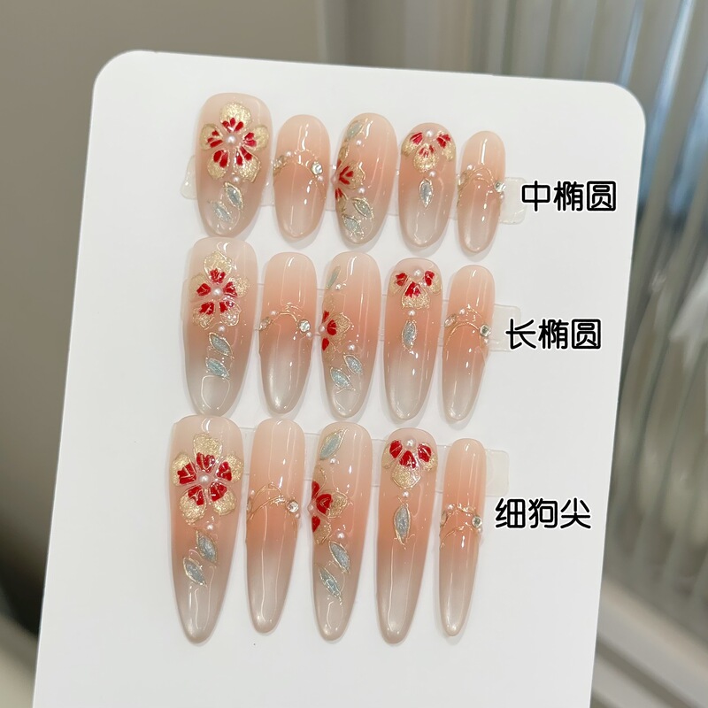 Yihe Wearable Nail Art [Hibiscus and Lotus] Purely Hand-Painted Filigree Enamel High-Definition Cat-Eye Elegant Whitening Chinese Style Manicure