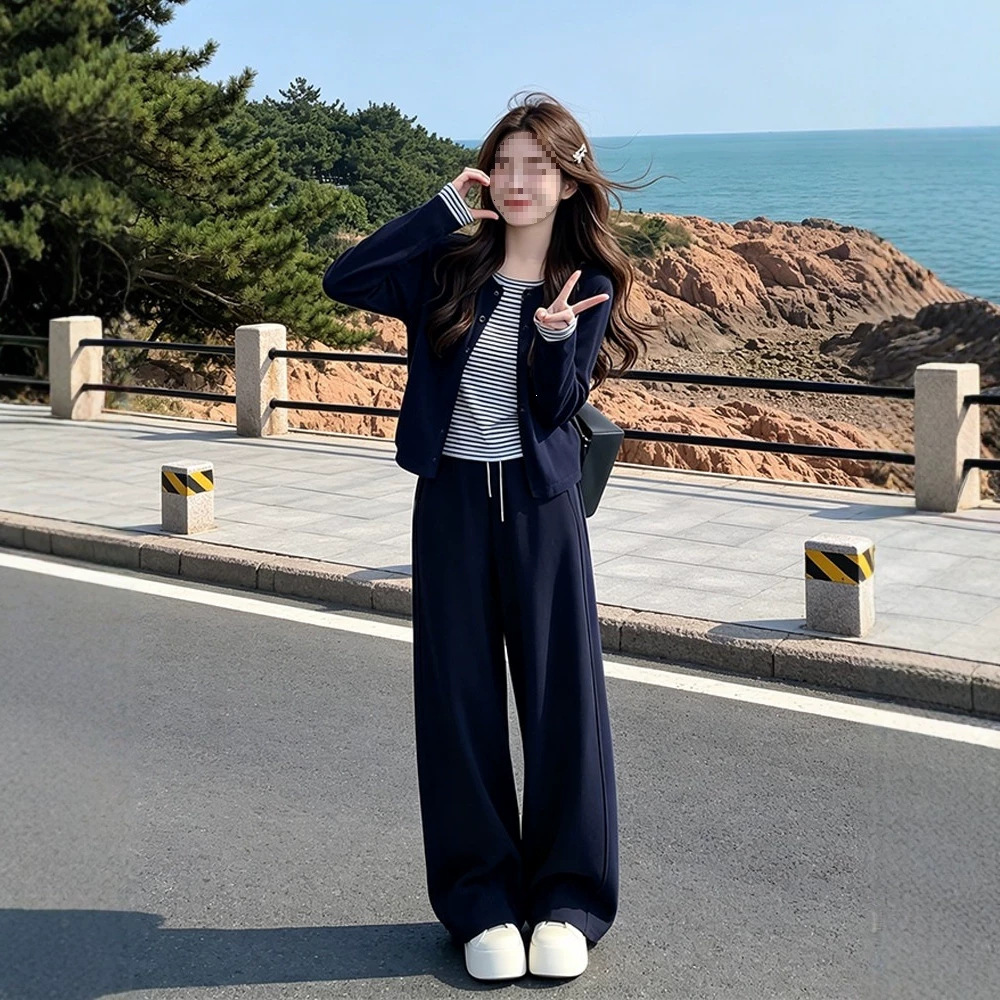 慵懒风套装女新款撞色假两件上衣女外套阔腿裤秋季显瘦一整套穿搭