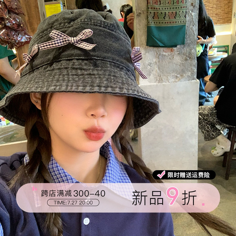 Japón retro arco vaquero sombrero pescador mujer dulce encantador versátil sombrero de bañera de protección solar grande alrededor de la cabeza muestra cara pequeña