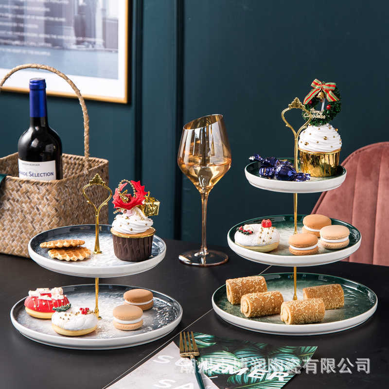 European-style Light Luxury Ceramic Three-layer Fruit Plate Living Room Dessert Cake Rack Afternoon Tea Party Candy Plate