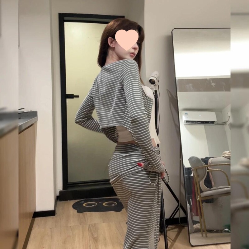 韩版纯欲风系带抹胸背心条纹开衫抽绳半身裙女2025秋季新款三件套|undefined