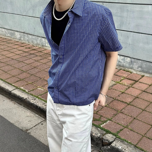 Royal Blue Striped Short-Sleeve Shirt for Men - Summer High-End Rope Drawstring Plaid Blazer - Old Money Style Half-Sleeve Outerwear