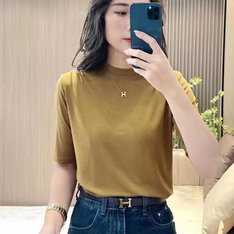 简约小圆领纯色净版中袖T恤女新款韩版时尚显瘦打底衫潮