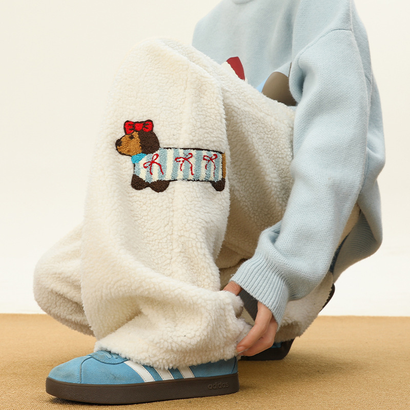 Wachshund Dog Embroidered Warm Outer Wearing Cotton Pants Men's Winter fleece-lined Thickened Lamb Fleece Pants Loose Straight Casual Pants Wachshund Dog Embroidered Warm Outer Wearing Cotton Pants Men's Winter fleece-lined Thickened Lamb Fleece Pants Loose Straight Casual Pants