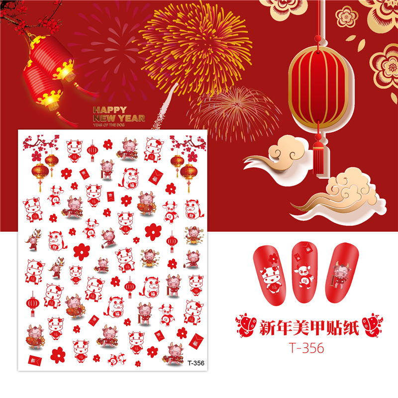 2021 manicura pegatinas de año nuevo gato afortunado fortuna pegatinas de uñas festivo estilo chino calcomanías de uñas Rojas netas