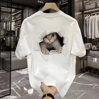 潮牌猫咪印花圆领短袖T恤 宽松大码情侣无性别男女同款半袖上衣夏