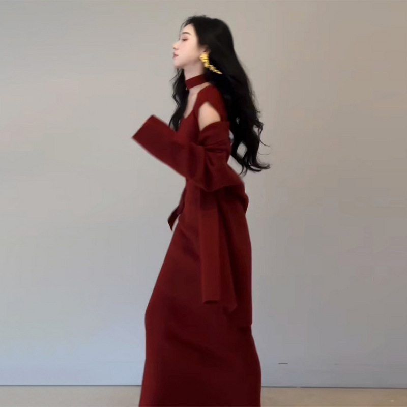 红色针织毛衣套装连衣裙子女装秋季2025新款巨好看早秋穿搭一整套|undefined