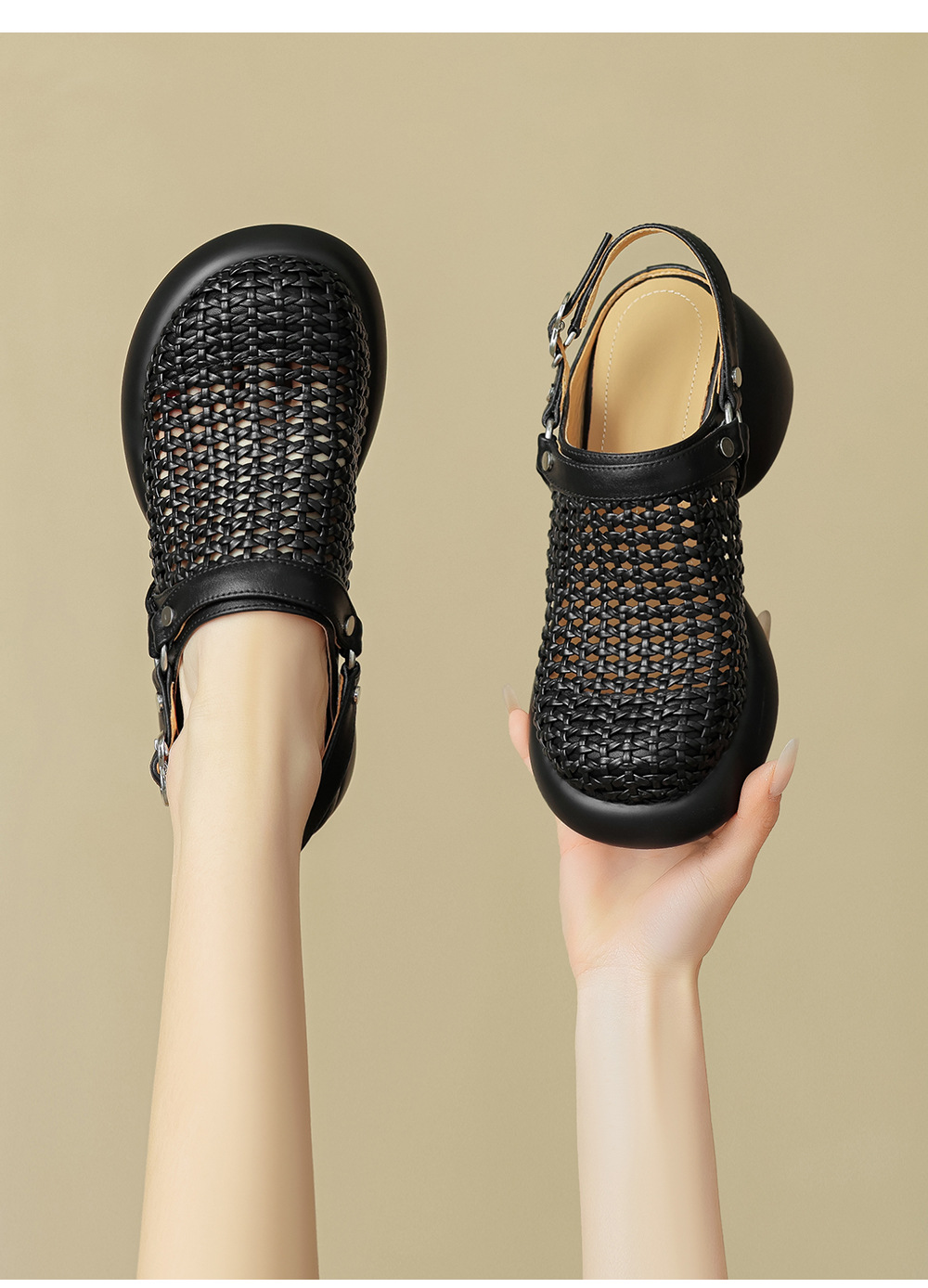 Sandal cao gót nữ mũi hở đế dày gót 6 cm phong cách dệt — đen chi tiết 8