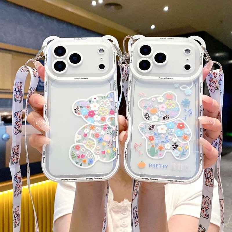 Trendy Internet Celebrity Phone Case Suitable for Apple 17 Pro, iPhone 16 Floral Cartoon, 15 Bear Transparent, 14 Soft Case 3