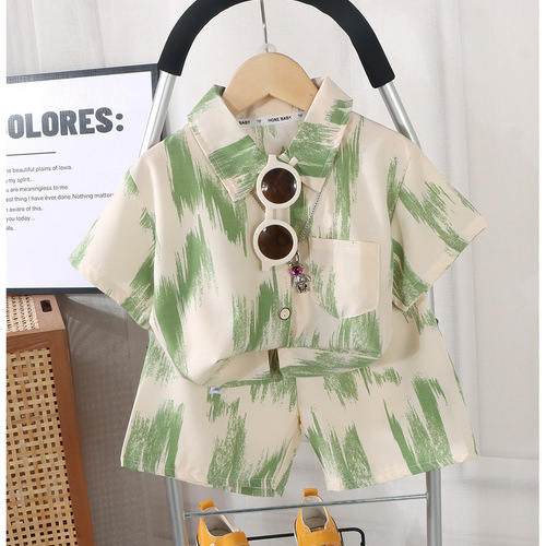 Style boys' new children's shirt suit summer short-sleeved outer wear casual thin medium and large children's clothing suit