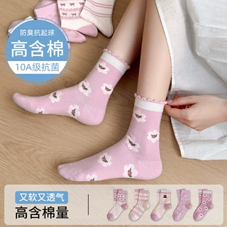 穿搭棉袜子女士中筒袜春秋季小清新花边10A抗菌棉袜高弹图案女袜