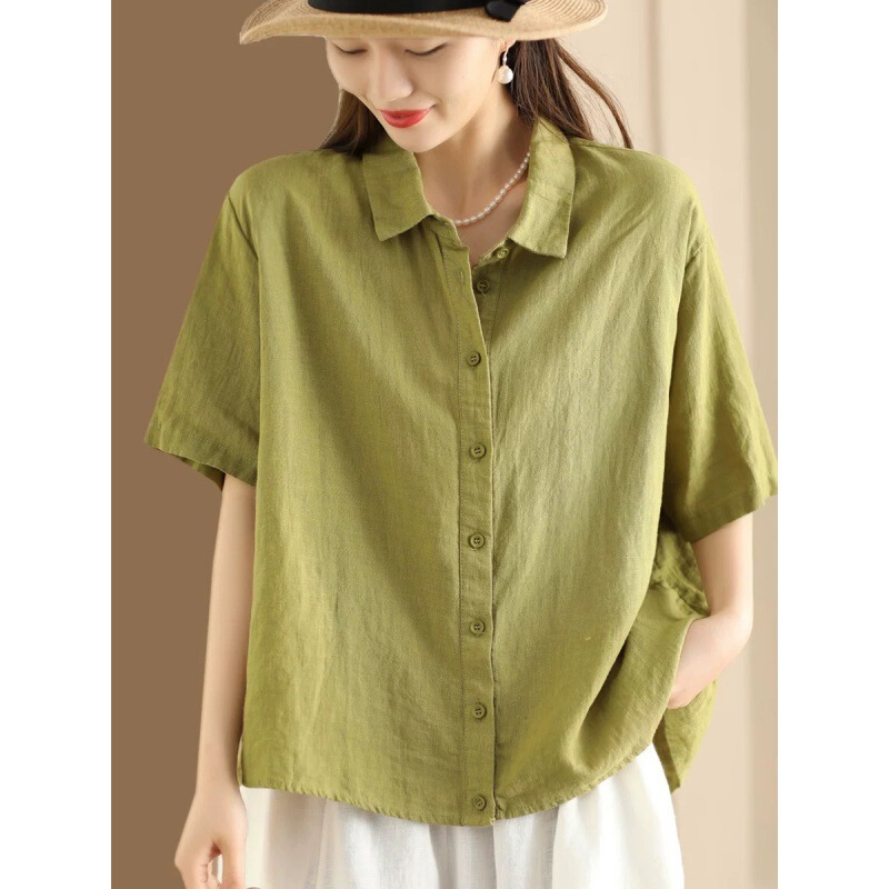 Stone-Washed Linen Shirt Women's Lapel Short-Sleeved Solid Color Top Temperament Shirt