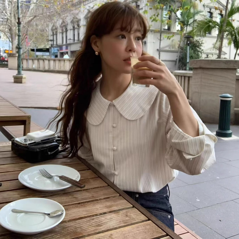 Dongdaemun Ins26 Early Spring French-Style Cute and Youthful Doll Collar Striped Loose Casual Long-Sleeve Shirt for Women
