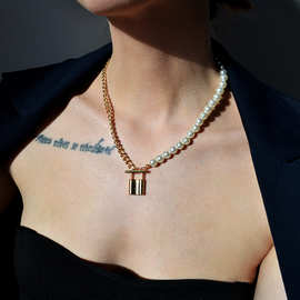 欧美饰品 朋克巴洛克不规则珍珠链链项链不对称锁珍珠吊坠项链