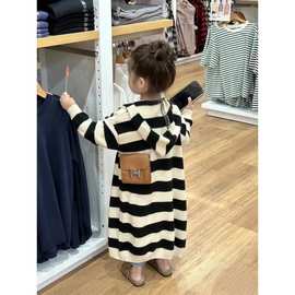 女童针织开衫2025秋装新款条纹连帽毛衣中长款慵懒风中小童毛线衫