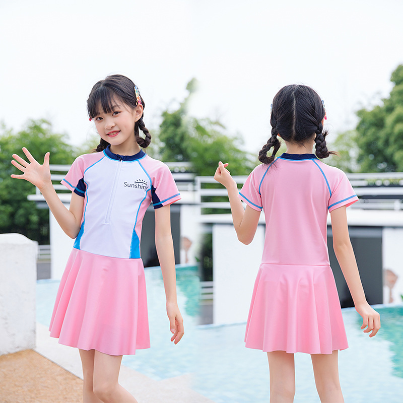 Traje de baño de los niños nuevo lindo estilo deportivo de una pieza princesa vestido niña medio y niños grandes con almohadilla de pecho caliente primavera traje de baño