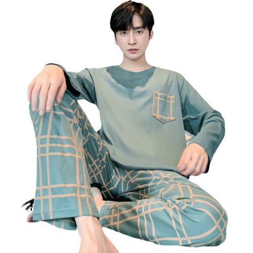 Men's long-sleeved, long-pants spring and autumn simple casual winter home suit set, wearable outside