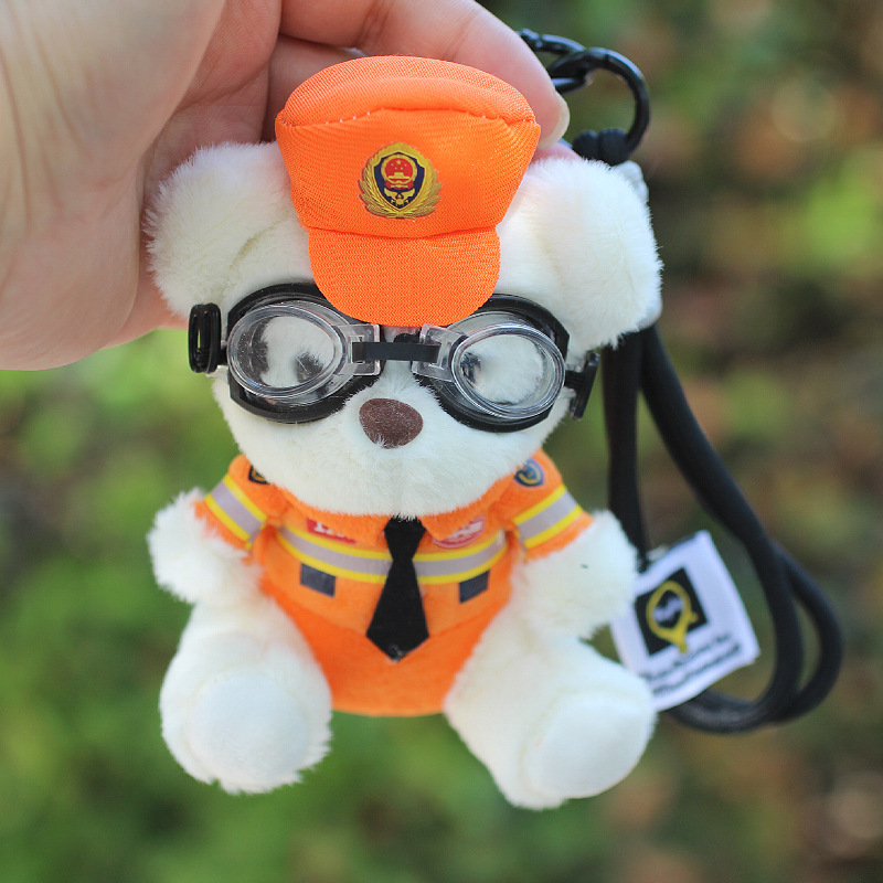 Policía bombero oso muñeca celebridad de Internet caballo de hierro muñeca coche de peluche policía de tránsito colgante oso de peluche llavero lindo