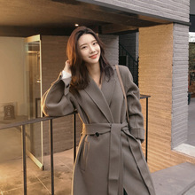 可可色雙面羊絨大衣韓國東大門新款中長款腰帶手縫雙面尼風衣外套