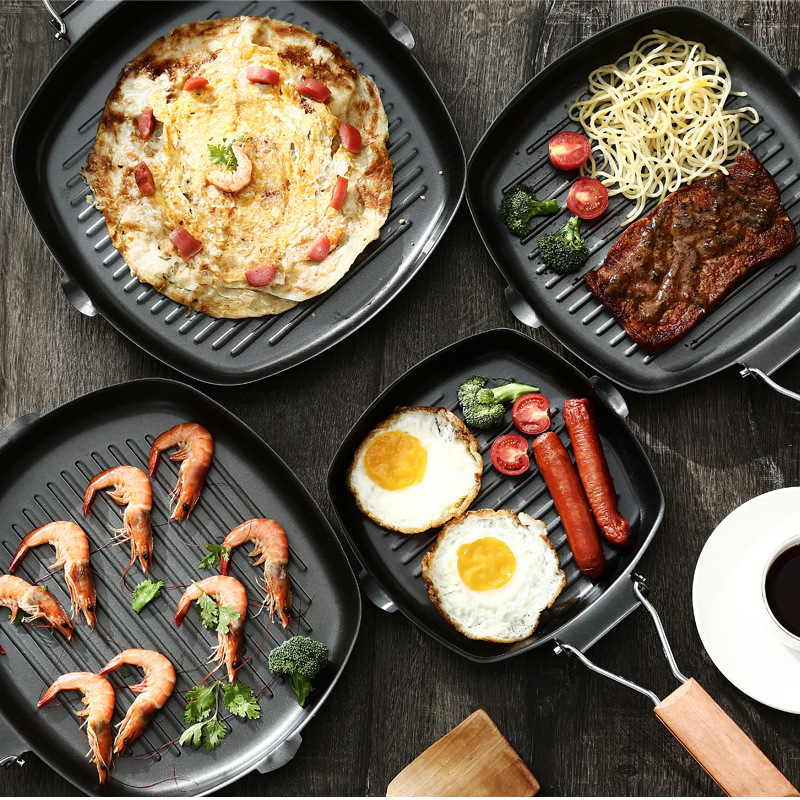 고급 철 밀라노석 스테이크 프라이팬 접이식 두꺼운 줄무늬 팬 붙지 않는 팬 밀라노석 스테이크 프라이팬 가스
