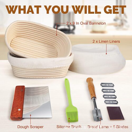 Amazon Bread Baking Tools & Supplies Rattan Banneton Fermentation Basket Scraper Flour Shaker Bread Cutter Set