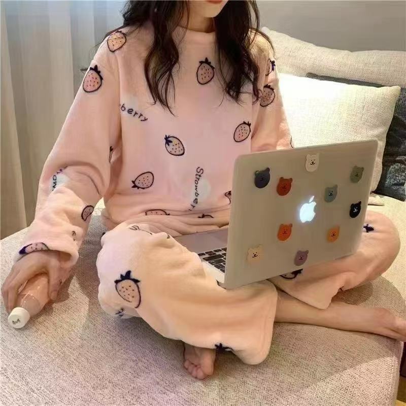 Franela al por mayor transfronteriza otoño invierno engrosado dulces dibujos animados sueltos chaqueta casual de coral pijama ropa doméstica de mujer