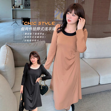 k2522大码女装假两件撞色美拉德风微胖女孩捏褶大码胖mm连衣裙