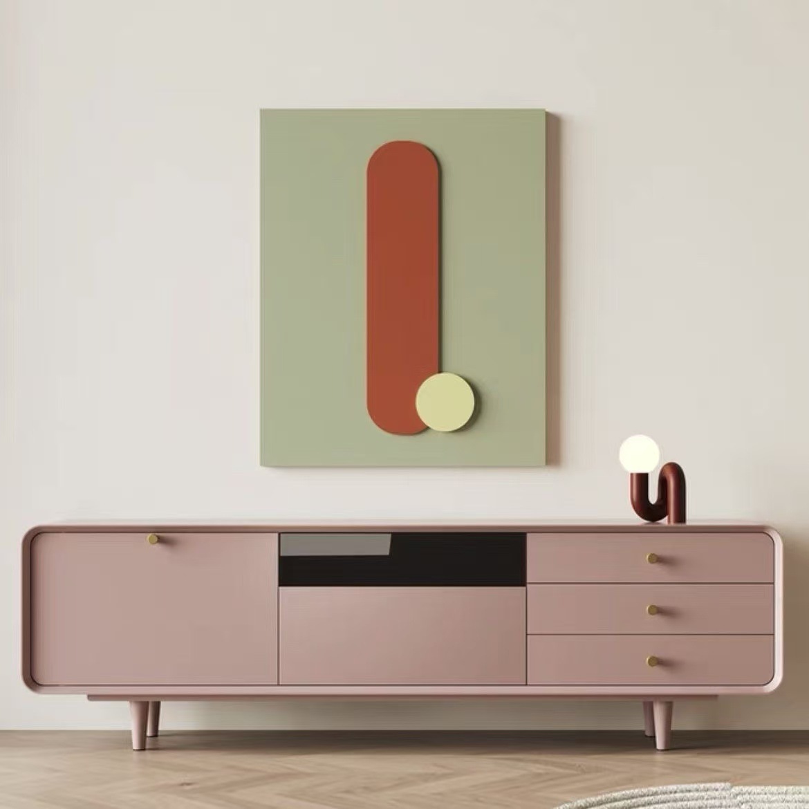 Kk Small Apartment Light Luxury Solid Wood Tv Cabinet and Coffee Table Set, Lacquered Living Room Solid Wood Floor-Standing Vintage Tv Cabinet