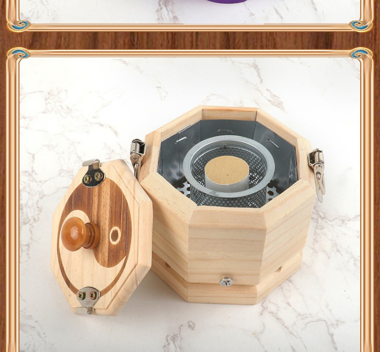Solid Wood Bagua Moxa Jar Hanging Moxibustion Box with Strap for Abdomen Back Waist Warm Heat Therapy preparation