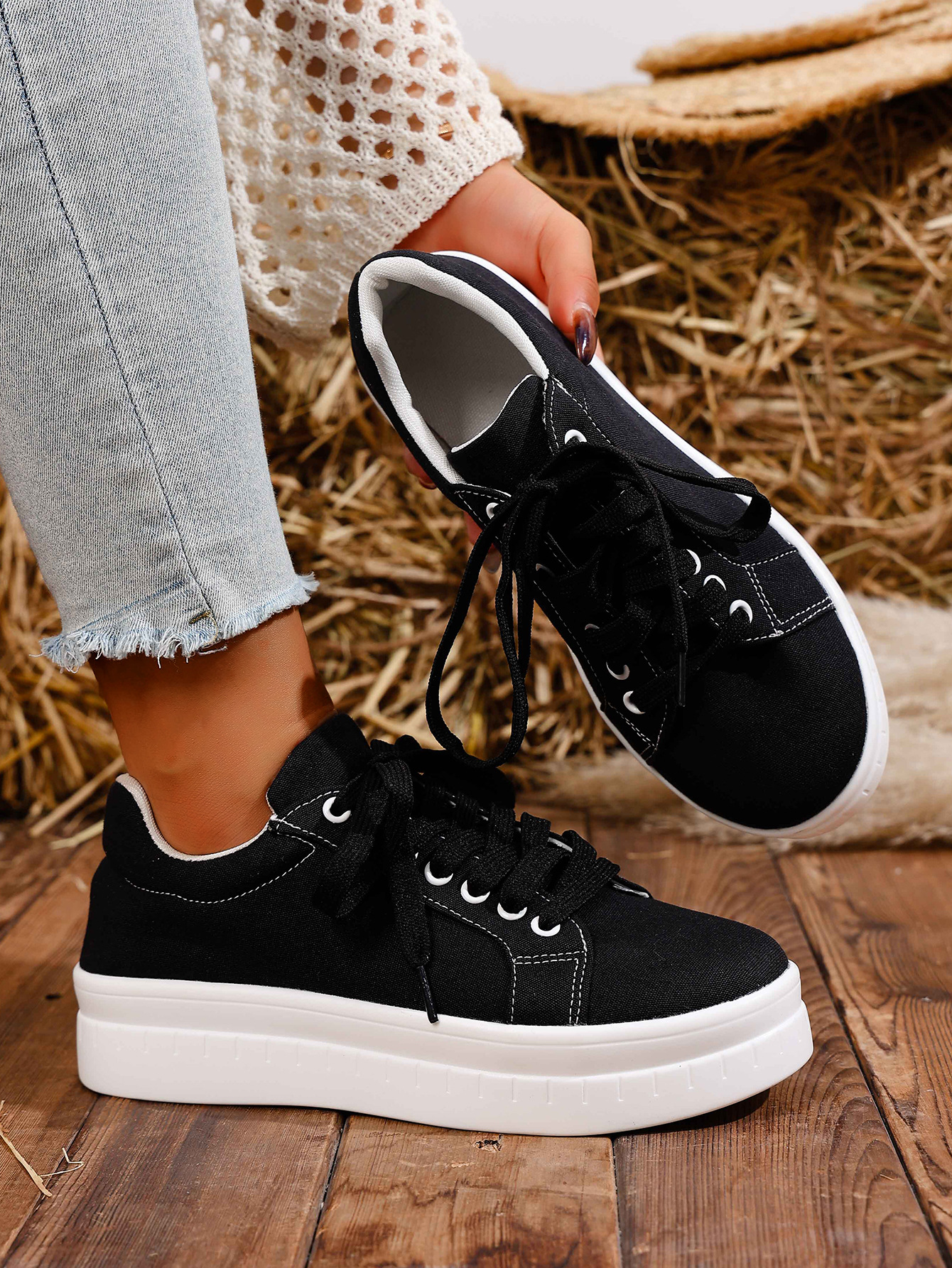 Women's Lace-up Casual Trainers For Women Round Toe Thick Sole_voghion.com