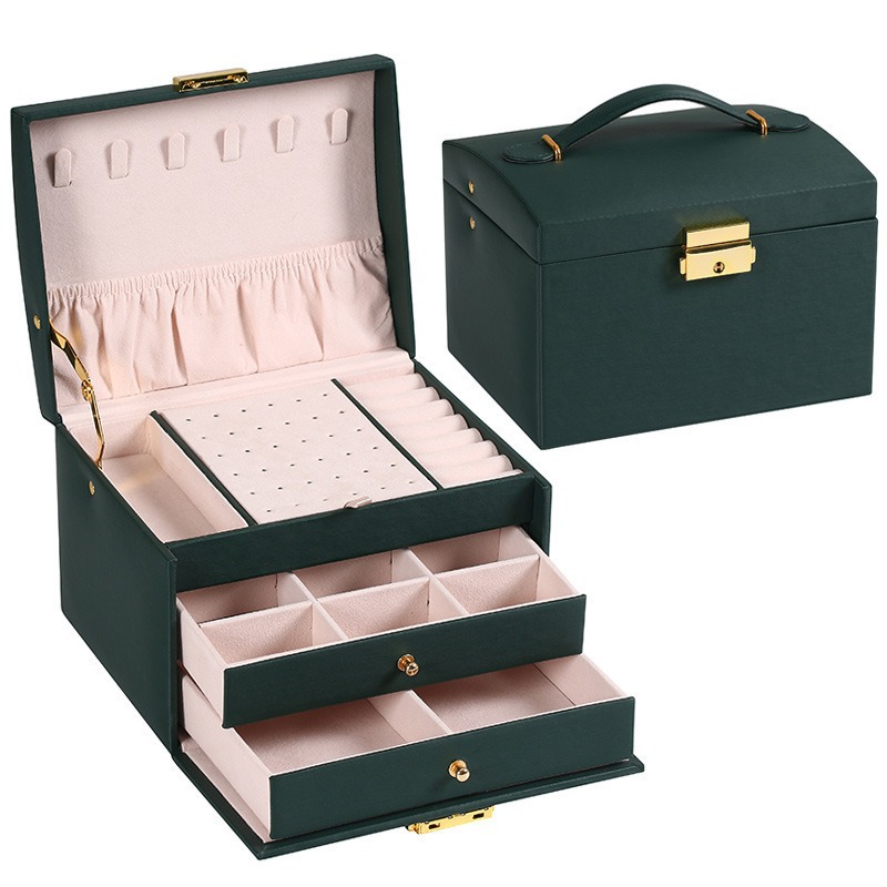 Caja Organizadora de Joyas de 3 Capas de Cuero con Cajón y Cierre