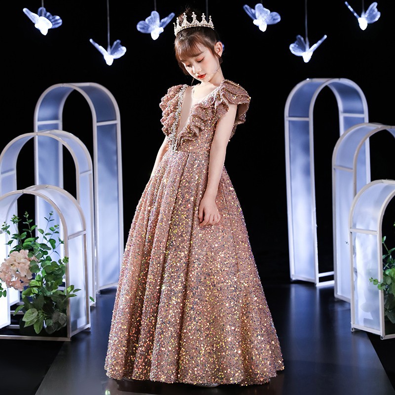 Festlig prinsessklänning för flickor i spets och tyll rosa guld_voghion.com