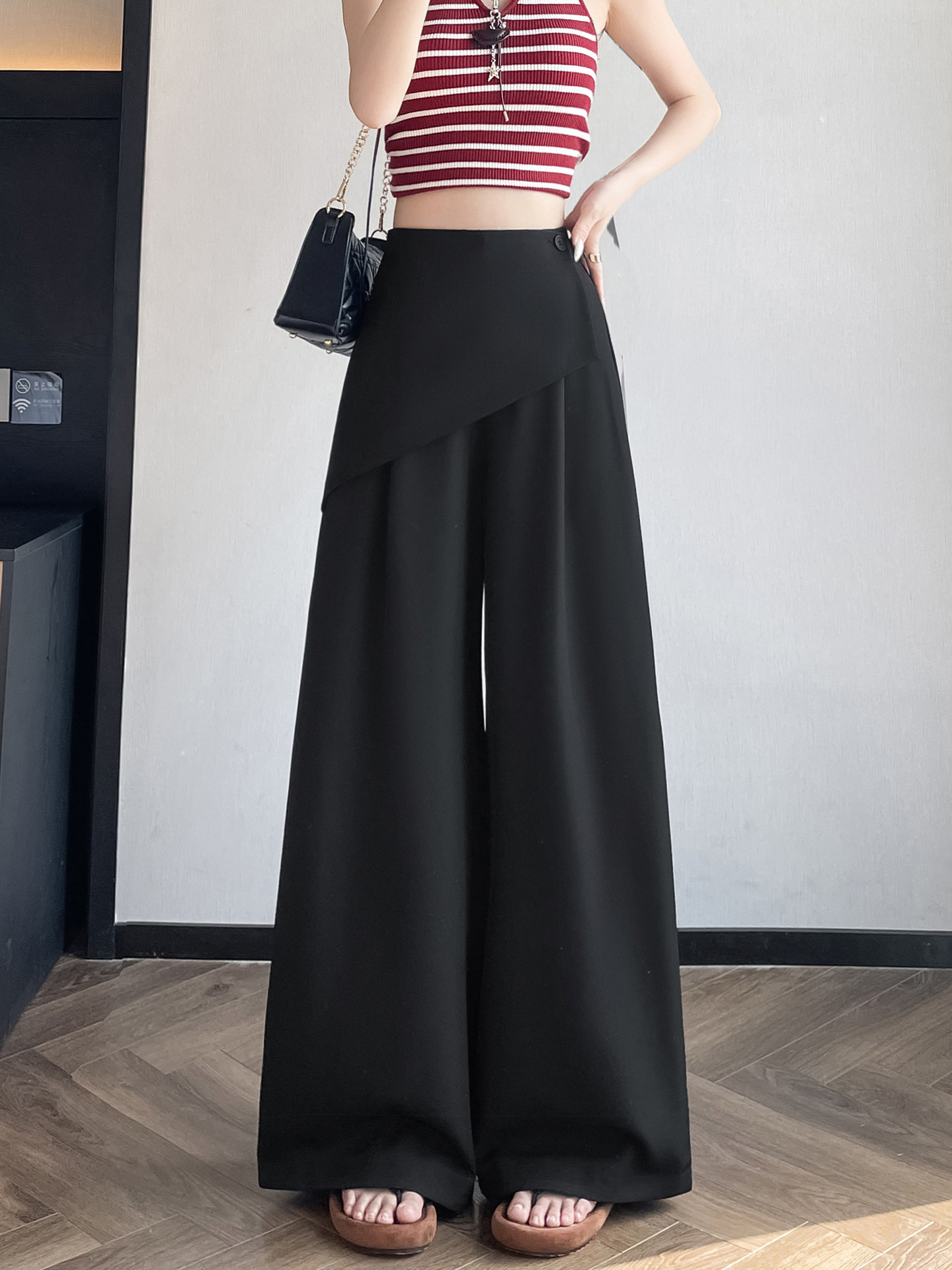 Quần culottes nữ ống rộng phối mảnh giả hai dây, cạp cao tạo dáng thon gọn — Xám kéo dài