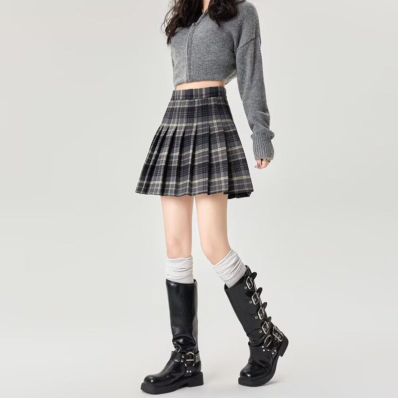 秋冬の女性用レトロチェック柄ウールスカート、小柄な人向けの万能ハイウエスト、スリムで露出防止のAラインプリーツスカート|undefined