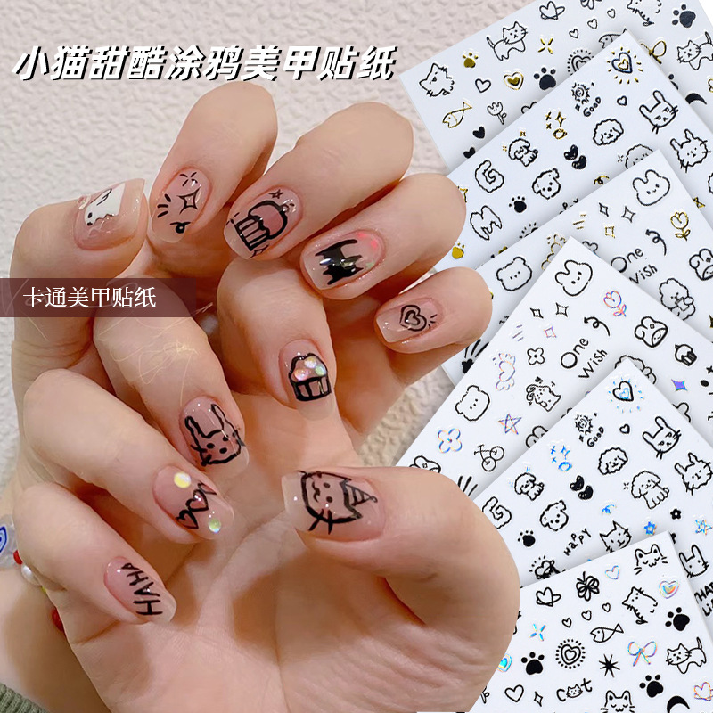 New Cartoon nail stickers Cute graffiti rabbit cat Moon nail stickers spicy girl sweet cool back glue modeling stickers