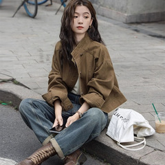 复古咖色牛仔短外套2025早秋新款小众宽松立领工装夹克上衣女批发