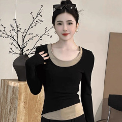 欧货时尚洋气运动休闲上衣女秋冬2025新款假两件设计感打底内搭