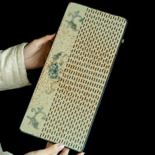 青花火石红长方茶盘纯手绘牡丹花整块陶瓷泡茶盘排储两用茶台