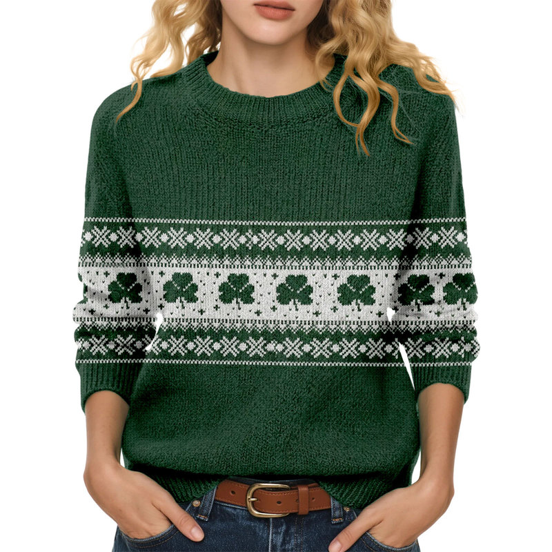 Cross-Border St. Patrick's Day Clover Knitwear Women's Green and White Color-Blocked Fair Isle Jacquard Long-Sleeve Sweater Cross-Border St. Patrick's Day Clover Knitwear Women's Green and White Color-Blocked Fair Isle Jacquard Long-Sleeve Sweater