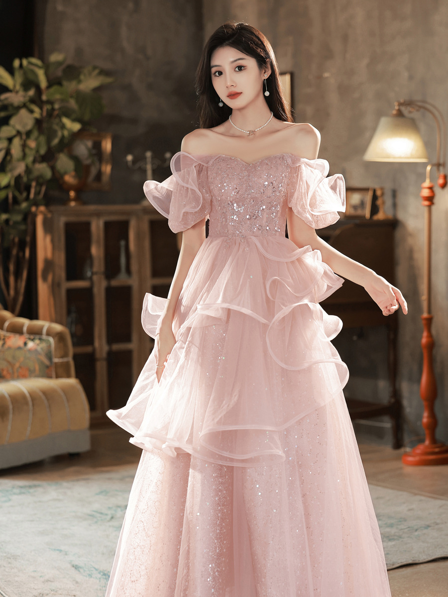 Vestido de noche estilo francés para mujer, nuevo modelo 2026, elegante estilo socialité, para presentaciones, exámenes de arte, súper elegante, color rosa hada, para banquetes de compromiso