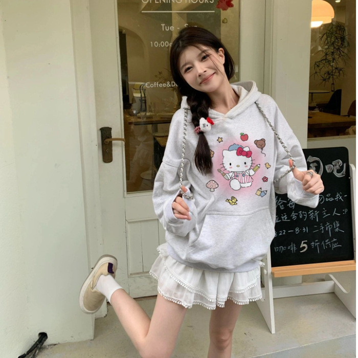 thumbnail image 1 of Foreign Trade Spring, Autumn and Winter New hello kitty Velvet Hooded Sweatshirt for Women Cute hello kitty Loose Top Trendy, 1 of 5
